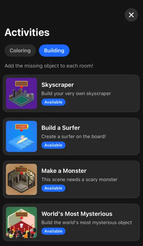 The Activities list with guided building tasks